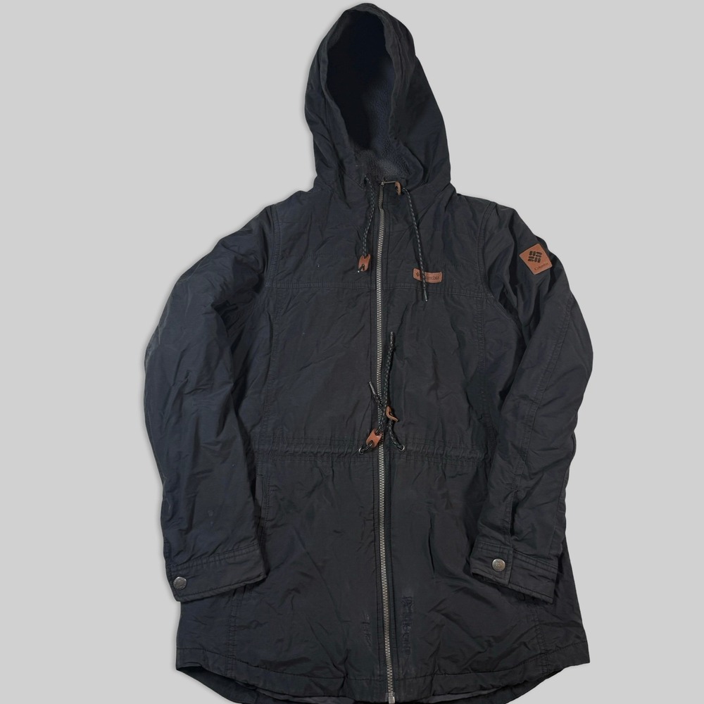 Vintage Columbia Hooded Parka Jacket Women's XL Black Full Zip Coat Y2K Logo